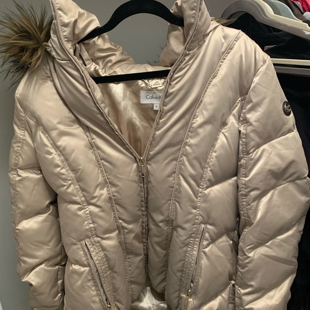 Calvin Klein champagne puffer coat with fur hood
